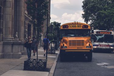 School bus parked on a street.