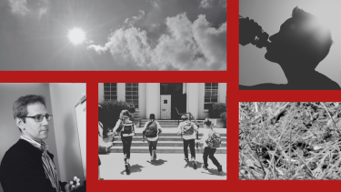 Photos of Dr. Nathaniel Hupert, elementary school students, sunlight, a man drinking water, and dry fields